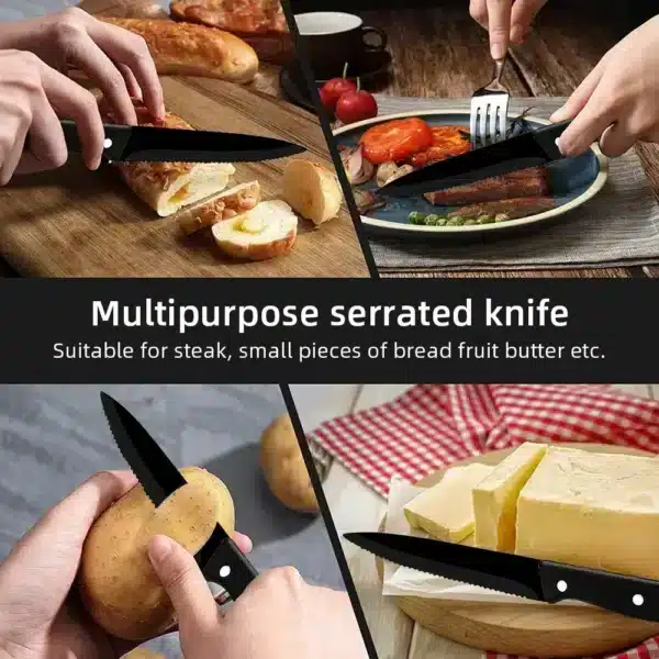 6 Piece Meat And Fish Full Black Steak Knives Set - Image 5