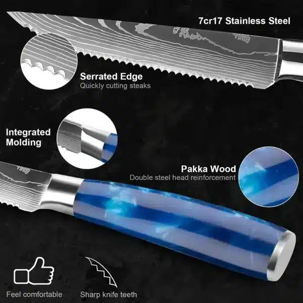 6 Piece Blue Resin Handle Damascus Steel Steak Knives Set - Image 3